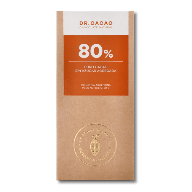 Chocolate "dr. Cacao" 80% Sin Azucar Agregada X 80grs