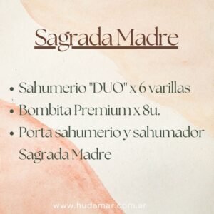«COMBO SAGRADA MADRE» -1 SAHUMERIO SAGRADA MADRE DUO X 6 VARILLAS -1 BOMBITA PREMIUM SAGRADA MADRE X 8 -1 SAHUMADOR/PORTA SAHUMERIOS SAGRADA MADRE