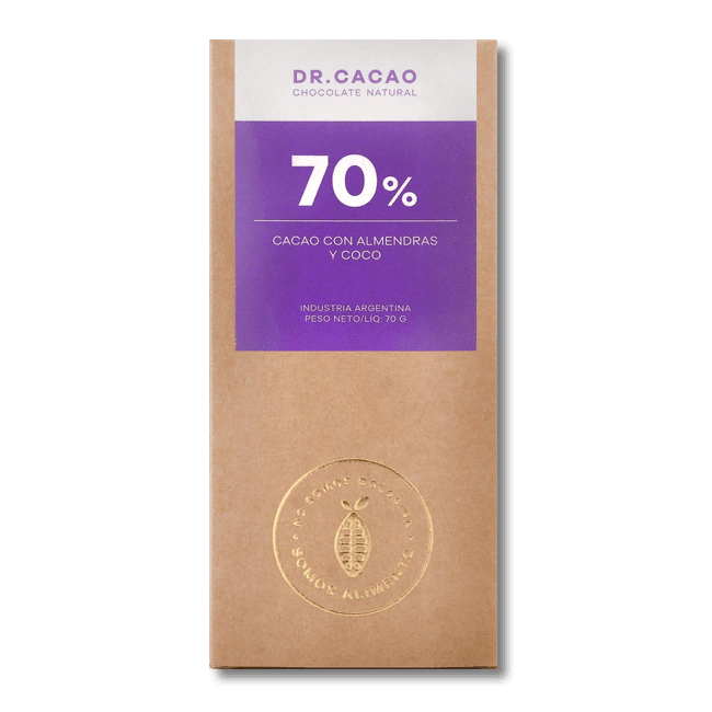 Chocolate Natural Al 70 % "dr Cacao" Con Azucar Organico Almendras Y Coco X 80 Gr