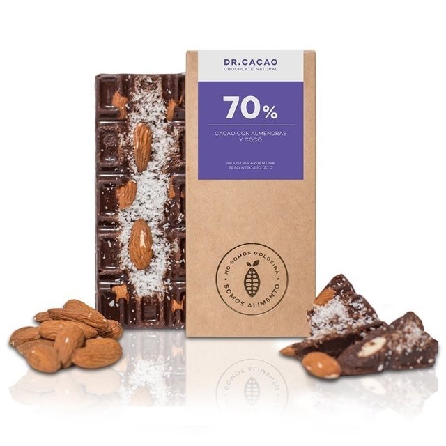 Chocolate Natural Al 70 % "dr Cacao" Con Azucar Organico Almendras Y Coco X 80 Gr