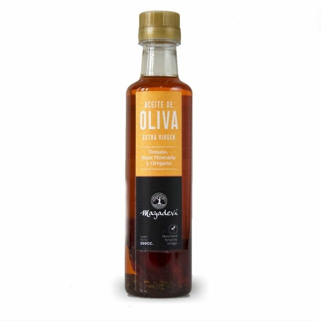 ACEITE DE OLIVA EXTRA VIRGEN "MAYADEVI" TOMATE OREGANO Y NUEZ MOSCADA 250 CC