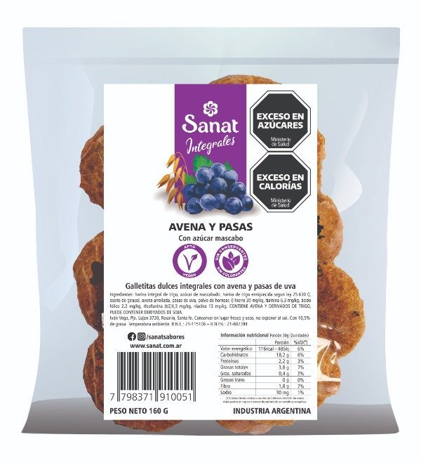 Galletitas Dulces Integrales "sanat" Avena Y Pasas Con Azucar Mascabo X 160 Gr