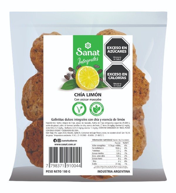 Galletitas Dulces Integrales "sanat" Chia Y Limon Con Azucar Mascabo X 160 Gr