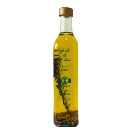 ACEITE DE OLIVA EXTRA VIRGEN "MAYADEVI" ROMERO Y MOSTEZA X 250 CC