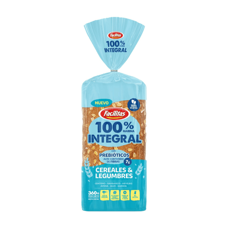 PAN DE MOLDE "FACILITAS" 100%INTEGRAL CON PREBIOTICOS CEREALES Y LEGUMBRES X 360 GR