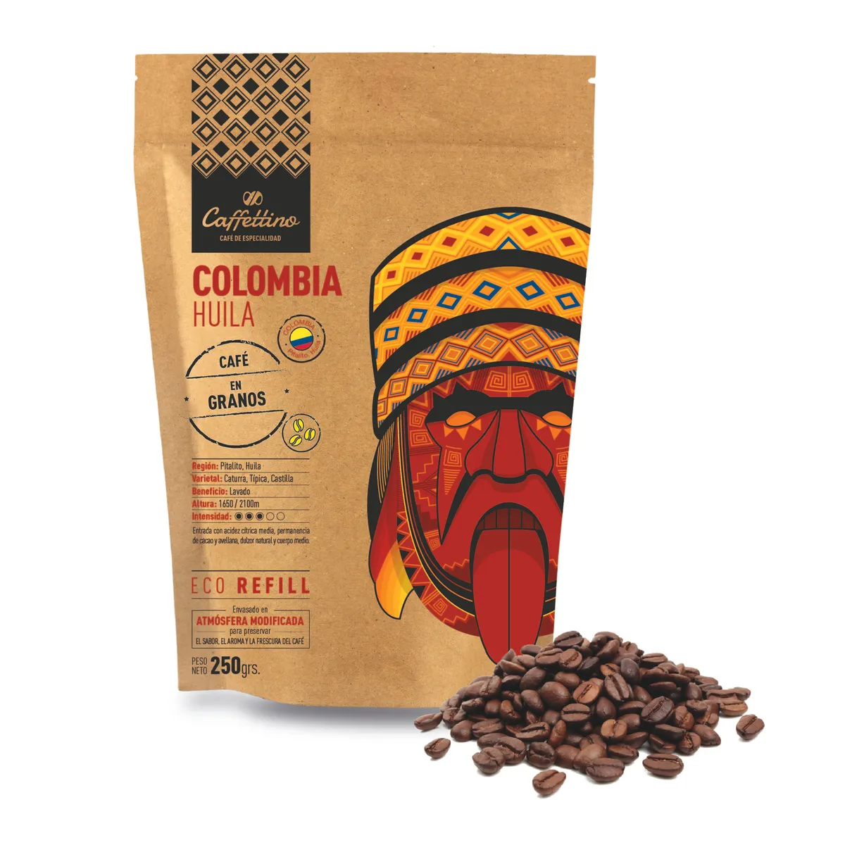 CAFE DE ESPECIALIDAD "CAFFETTINO" EN GRANOS COLOMBIA HUILA X 250 GR