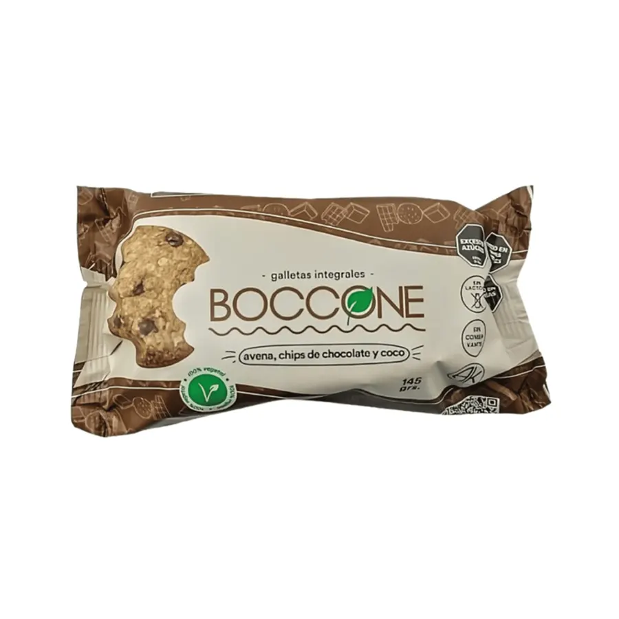 GALLETAS INTEGRALES "BOCCONE" AVENA CHIPS DE CHOCOLATE Y COCO 145 GR