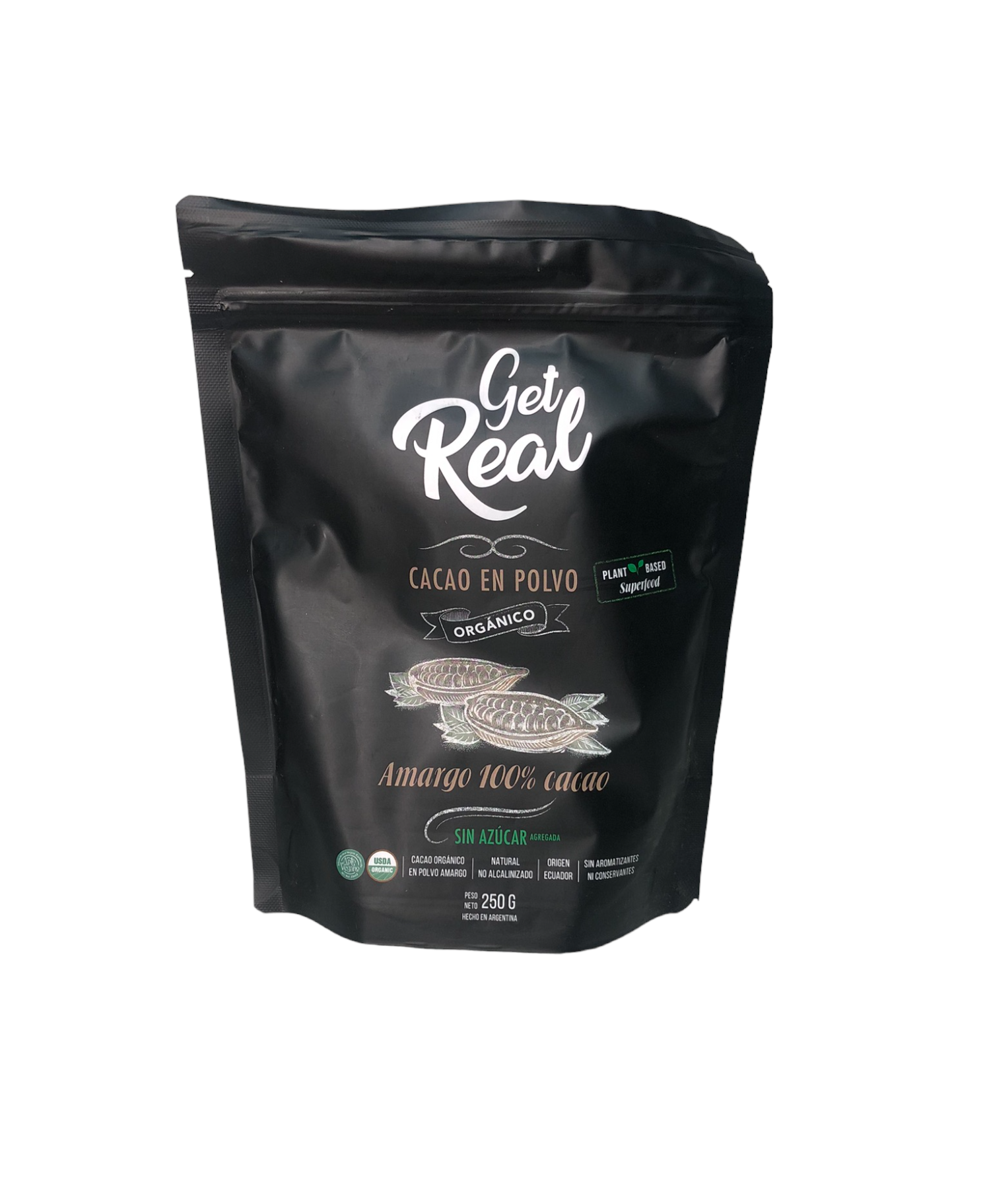 CACAO EN POLVO "GET REAL" ORGANICO SIN AZUCAR X 250 GR