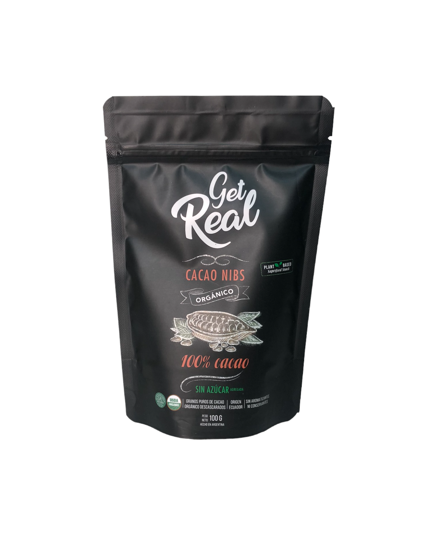 NIBS DE CACAO "GET REAL" ORGANICOS SIN AZUCAR X 100 GR
