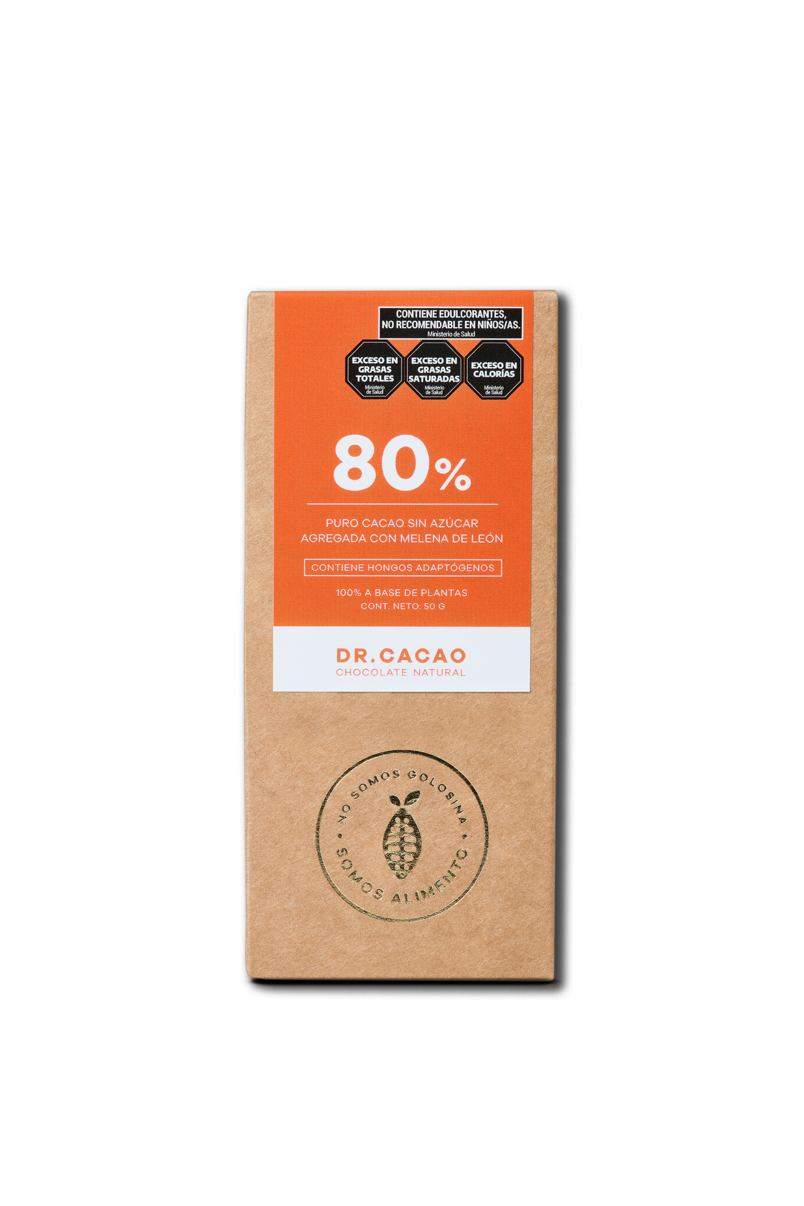 CHOCOLATE 80% "DR CACAO" SIN AZUCAR AGREGADA CON MELENA DE LEON X 50GR